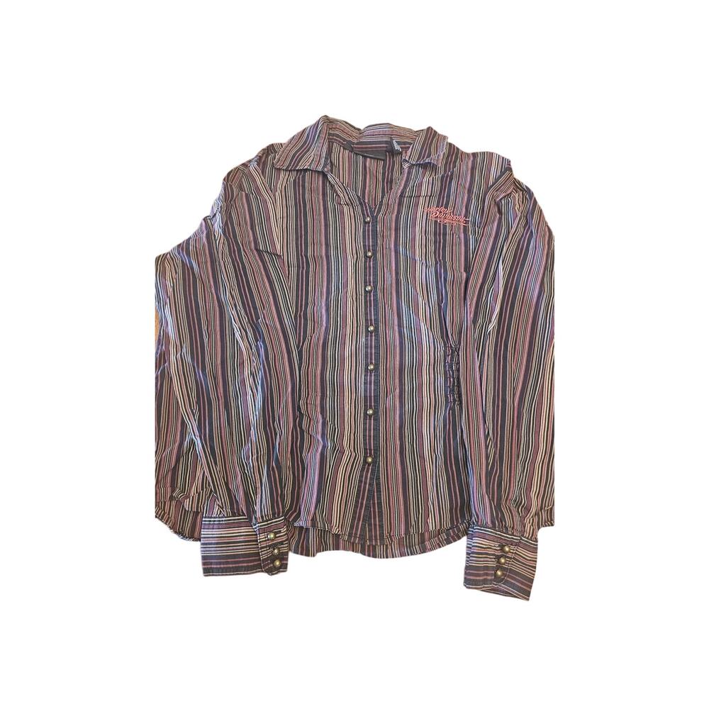 Harley Davidson black‎ maroon and tan striped button up size 1W blouse